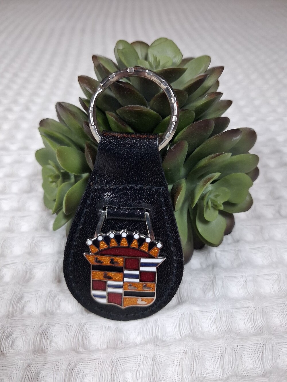 Vintage '70's Cadillac Black Leather Keychain w/Cloisonne Enamel Crest